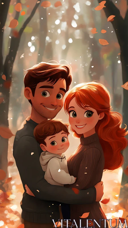 Autumn Embrace: Three Souls in Falling Leaves.