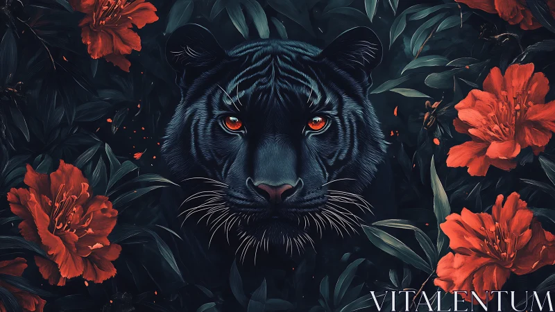 Midnight tiger resting among glowing crimson blossoms.