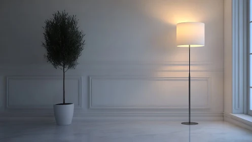 Minimalist floor lamp and potted tree in soft ambient lighting