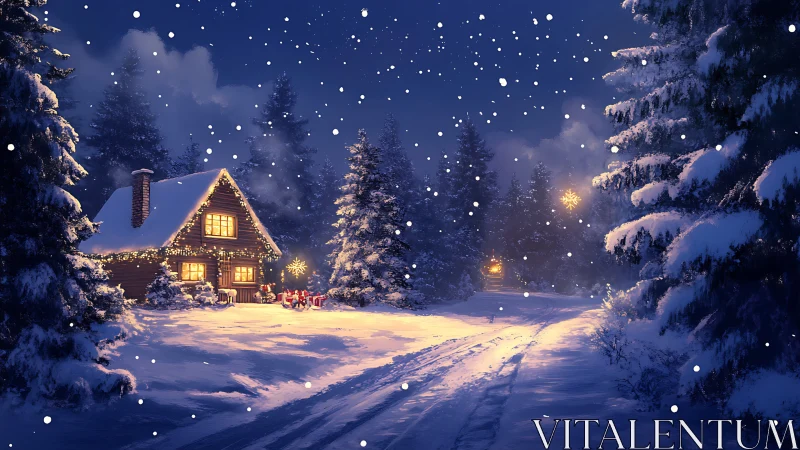 Snow covered cabin stands lit among dense winter forest