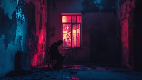 Solitary figure in neon-lit derelict room with window glow