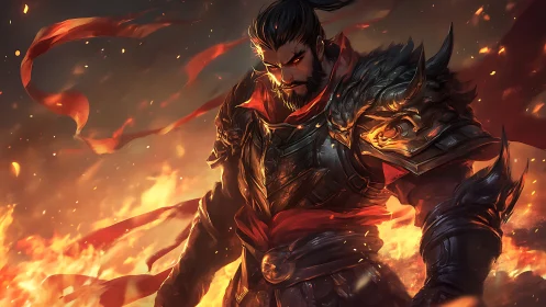 Armored warrior with flaming accents in dynamic fire scene.