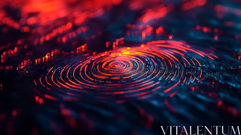 Concentric wave ripples display neon red caustics on dark fluid
