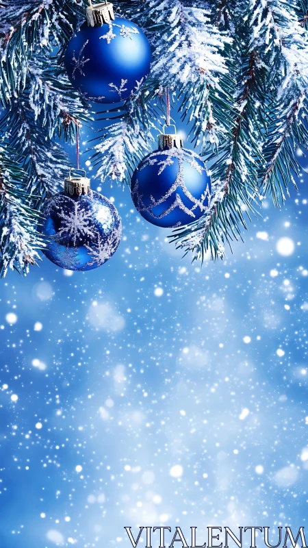 Blue Christmas baubles on snowy fir branches, bokeh glow.