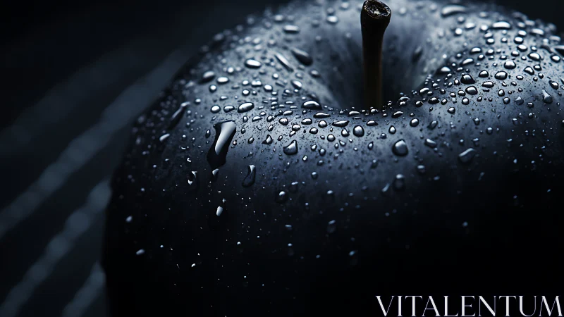 Dark-toned wet apple surface is captured in macro detail