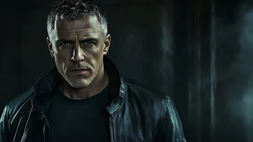 Brooding silver‑haired man in black leather jacket portrait