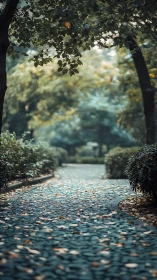 Curved stone path winds through shaded tree lined garden