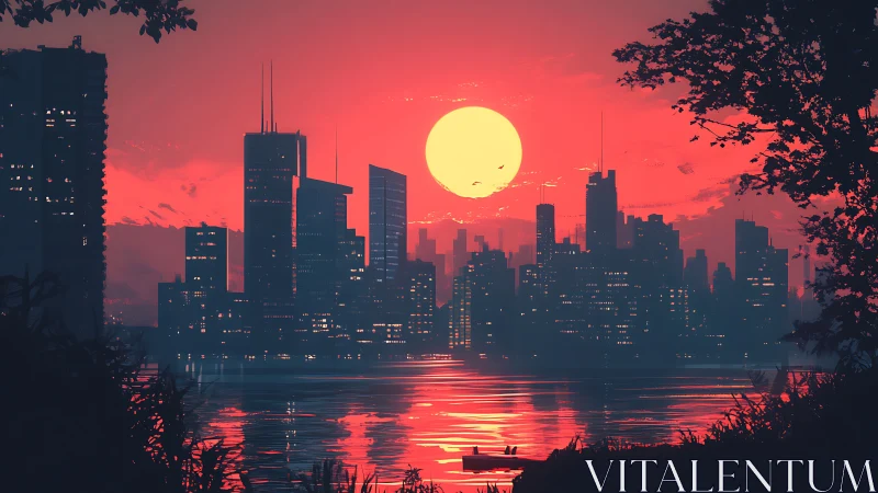 Urban skyline silhouette at sunset across reflective water.