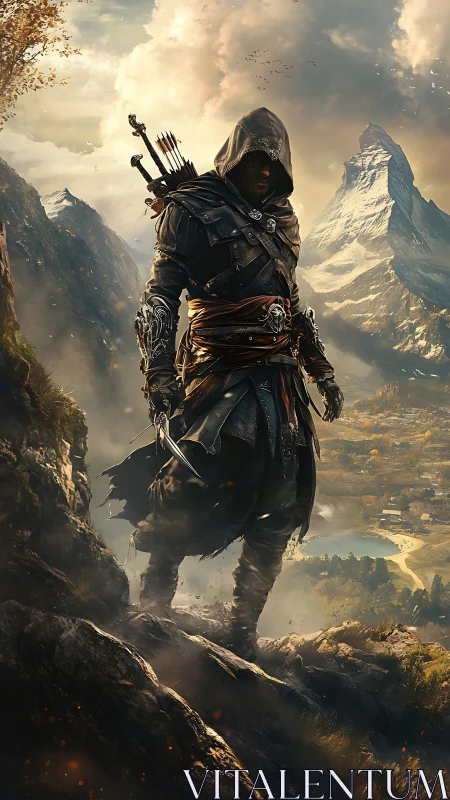 Hooded ranger surveys epic mountain valley battleground.