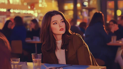 Woman seated in busy caf&eacute; interior, evening lighting.
