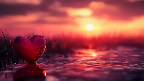 Translucent heart shape resting in shallow water at sunset