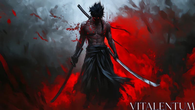Blood-soaked samurai warrior strides through crimson storm
