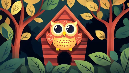 Cute cartoon owl sitting on a birdhouse in a colorful forest scene.