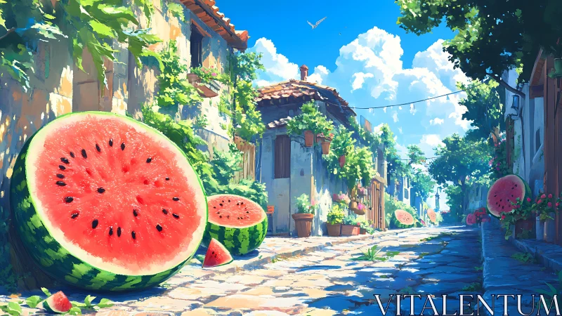 Sunlit village lane overflows with giant summer watermelons
