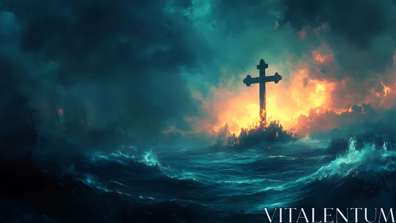 Burning cross emerges over storm-tossed ocean in cinematic chiaroscuro