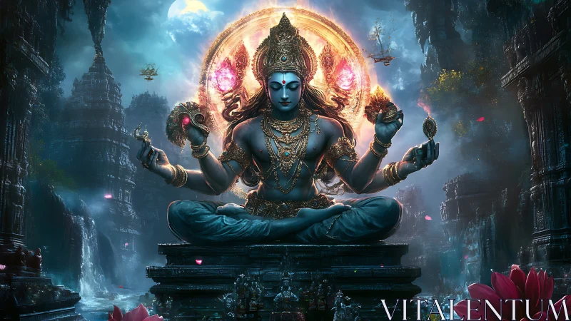 Celestial blue deity meditates amid neon-lit temple ruins.