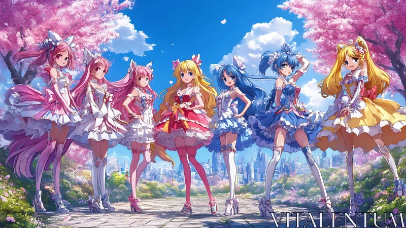 Springlit idol squad blossoms over candy colored cityscape.