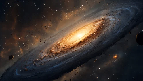 Golden spiral galaxy glowing softly in a calm starry sky.