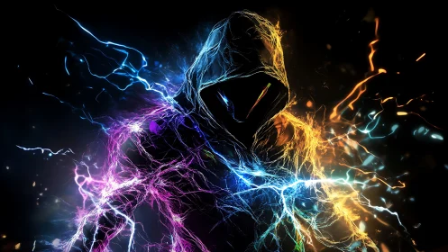 Hooded energy specter wrapped in neon lightning arcs.