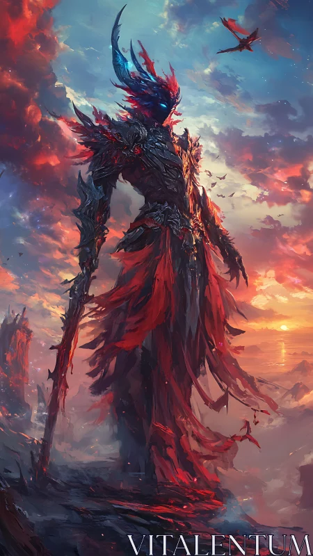 Sunset-clad flame knight standing between storm and sky.