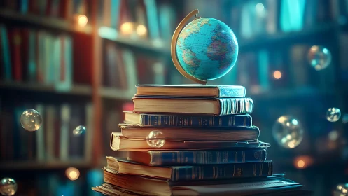 Whirling globe crowns a spellbound tower of library books.
