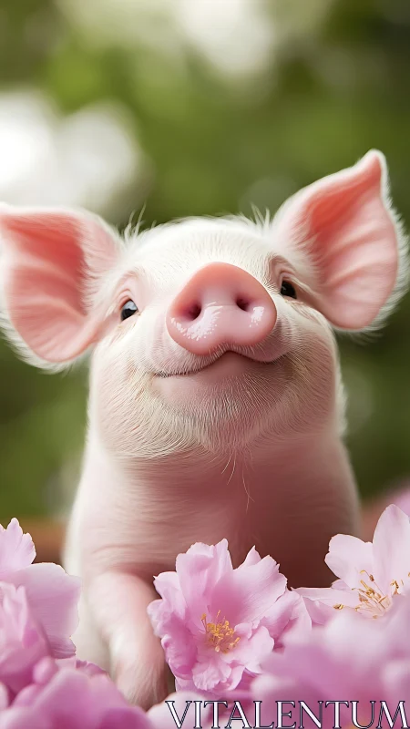 Smiling pink piglet among soft cherry blossoms outdoors.