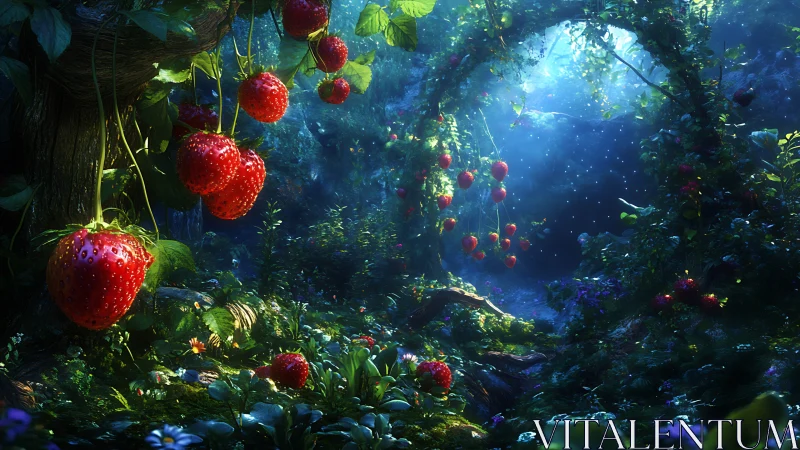 Enchanted forest strawberries glow under ethereal blue light.