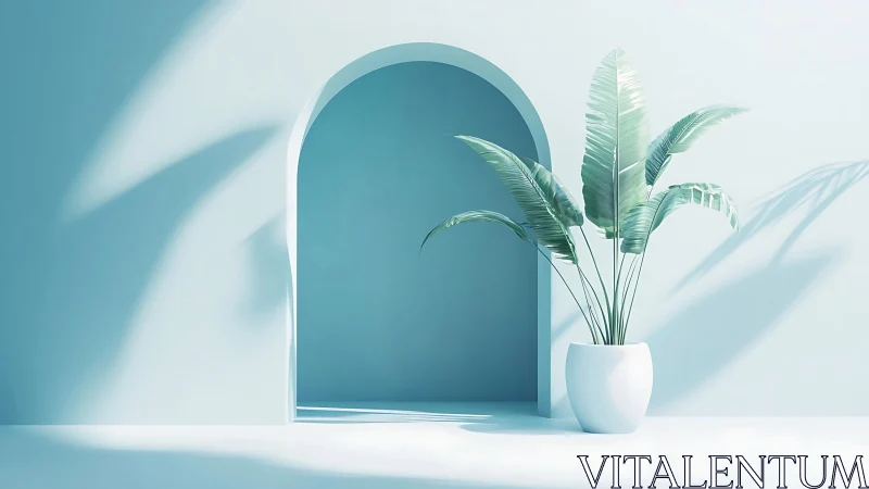 Serene potted palm by a soft blue sunlit archway.