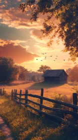 Golden hour rural cabin with leading fence perspective.