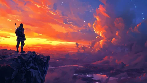 Digital painting of lone explorer on dusk-lit cliff horizon.