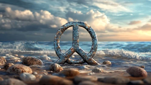 Weathered peace symbol in sunlit coastal surf environment.