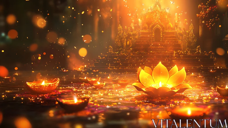 Golden lotus lanterns glow before ornate temple altar