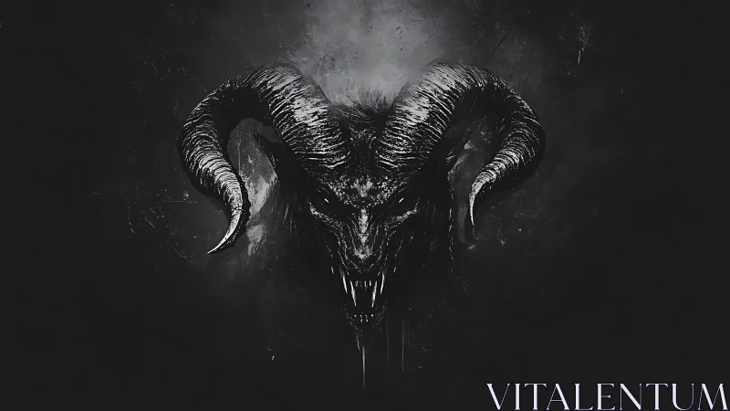 Demonic ram skull emerges from void in stark monochrome.
