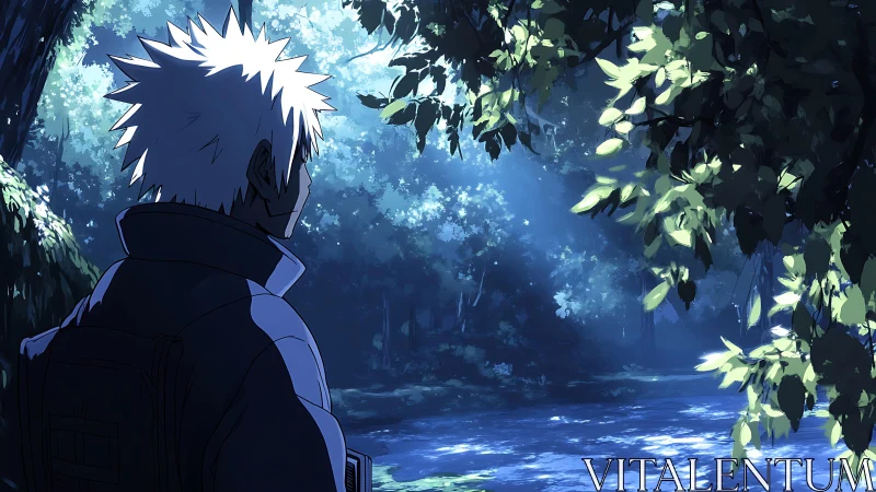 Quiet wanderer pauses beside a sunlit forest river