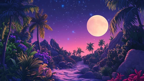 Tropical coastal path under full moon and starry sky at dusk.