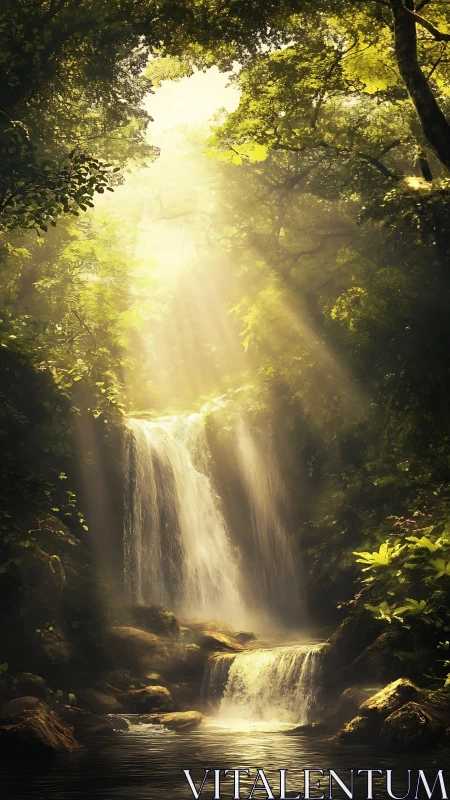 Luminous forest waterfall with layered canopy illumination.