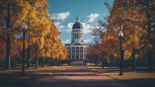 Crimson dome rises through an autumn tunnel of burnished trees