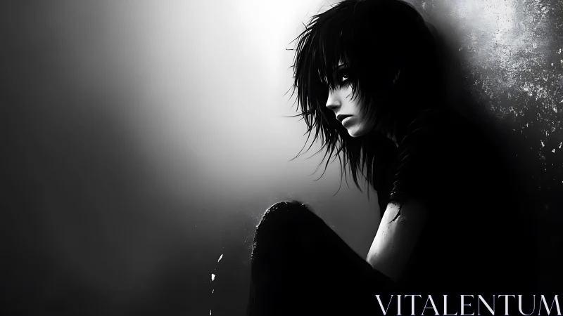 Monochrome emo portrait isolates a seated youth in chiaroscuro