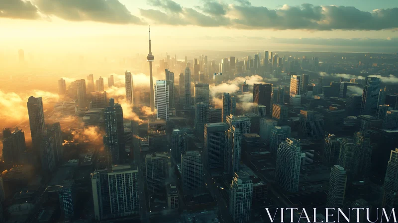 Photorealistic sunrise over misted high-rise city gridscape.
