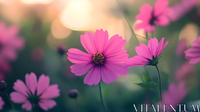Cosmos bipinnatus specimens with depth gradient and warm atmospheric lighting.