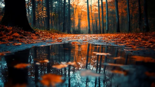 Autumn Forest Mirror. Golden Leaves Reflect in Still Water
