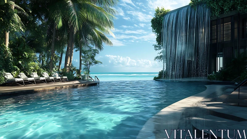 Infinity pool meets ocean horizon beneath a lush waterfall
