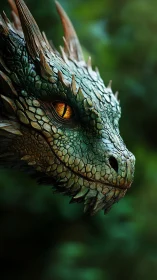 Regal emerald dragon gazes softly through the forest hush