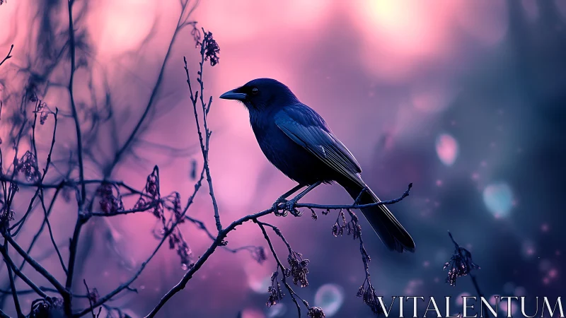 Blackbird on branch at dusk with dreamy purple and pink bokeh.