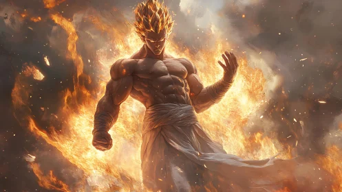 Inferno‑crowned warrior ignites amid storm of celestial fire.