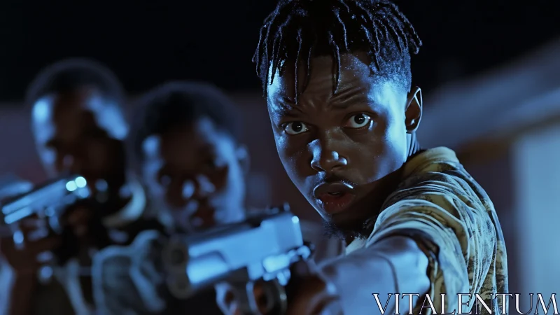 Young men confront camera with guns in tense night scene.