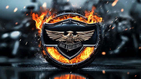 Flaming metal eagle emblem explodes with raw biker energy