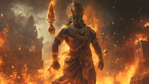 Divine warrior strides through burning temple cityscape.