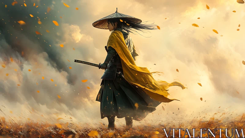 Samurai wanderer in dynamic autumn storm, high-detail digital composition.