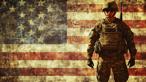 Grit-textured soldier silhouette against a weathered US flag.